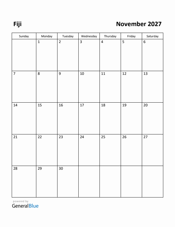 November 2027 Calendar with Fiji Holidays