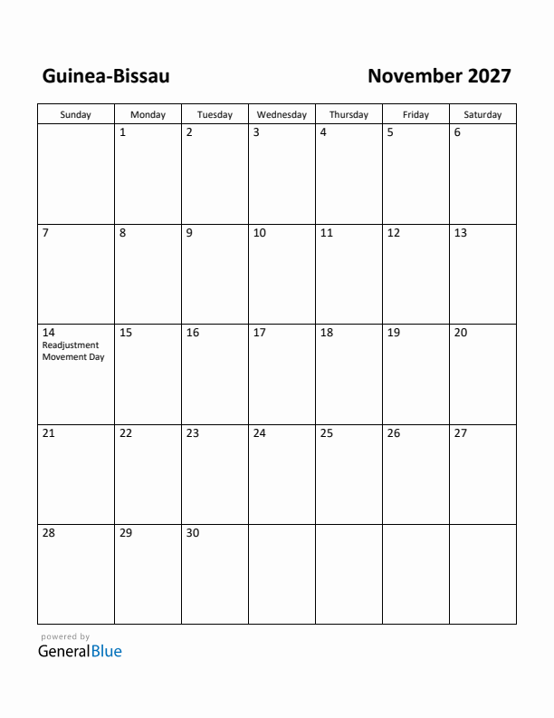 November 2027 Calendar with Guinea-Bissau Holidays