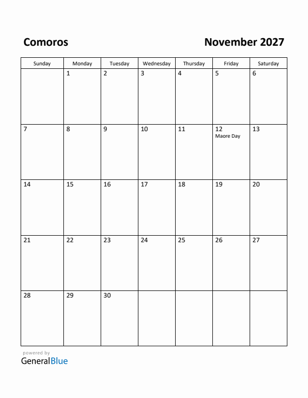 November 2027 Calendar with Comoros Holidays