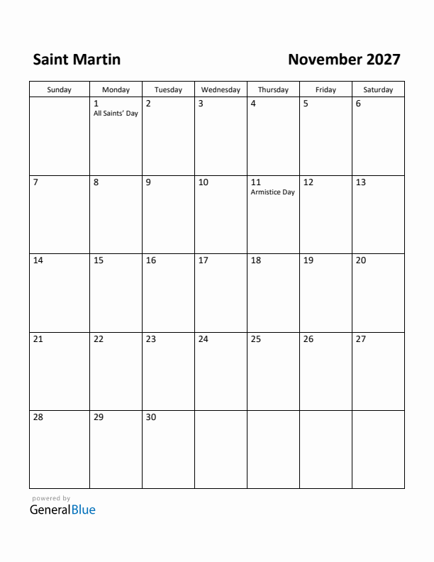 November 2027 Calendar with Saint Martin Holidays