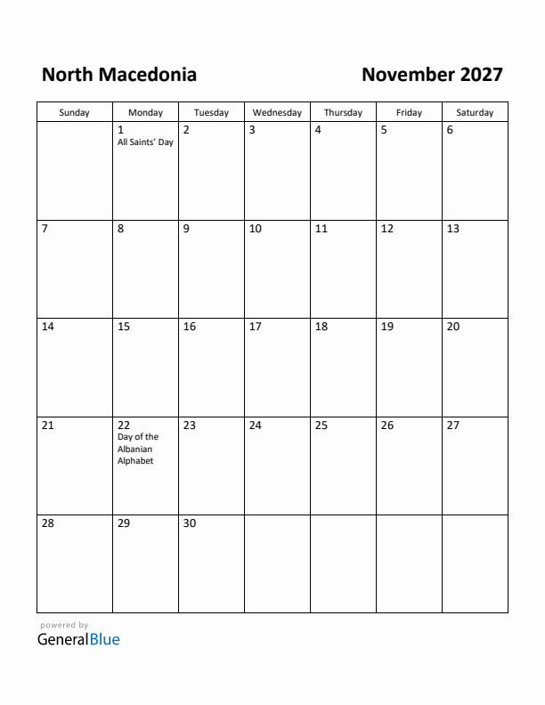 November 2027 Calendar with North Macedonia Holidays
