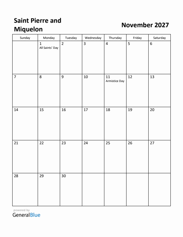 November 2027 Calendar with Saint Pierre and Miquelon Holidays