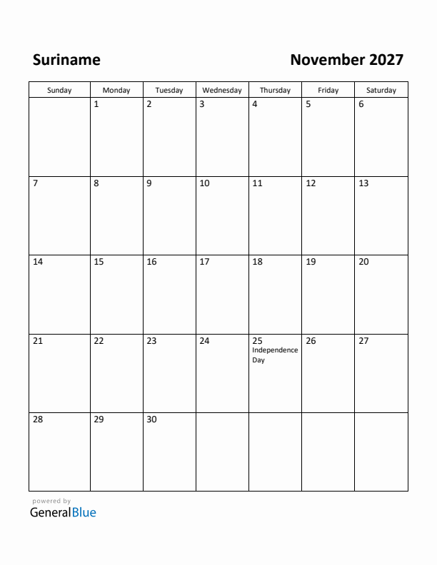November 2027 Calendar with Suriname Holidays
