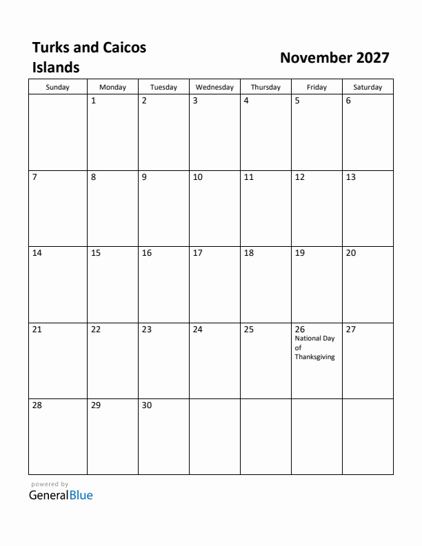 November 2027 Calendar with Turks and Caicos Islands Holidays