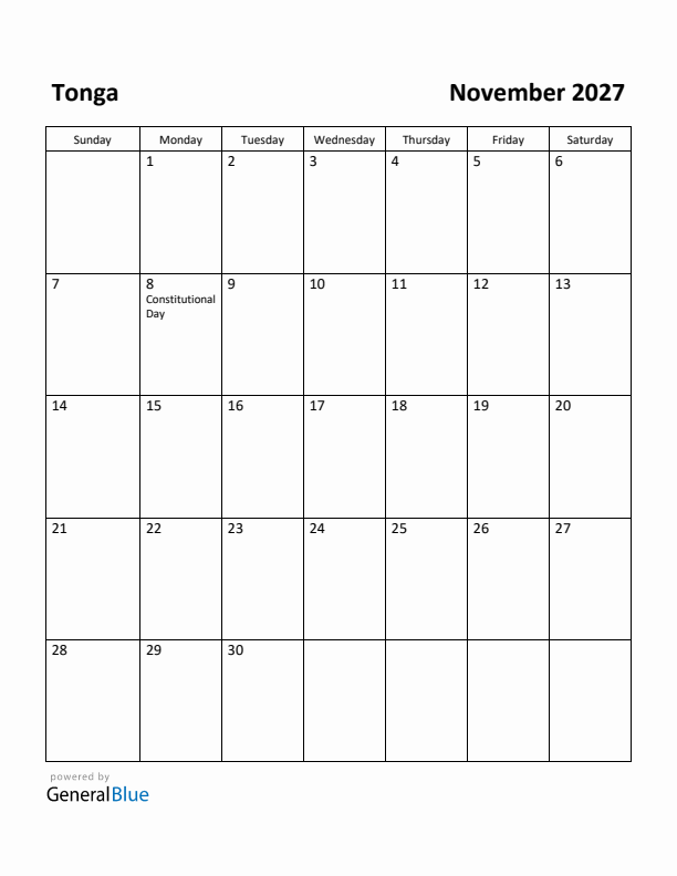 November 2027 Calendar with Tonga Holidays