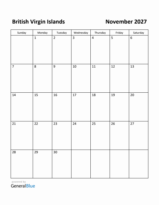 November 2027 Calendar with British Virgin Islands Holidays