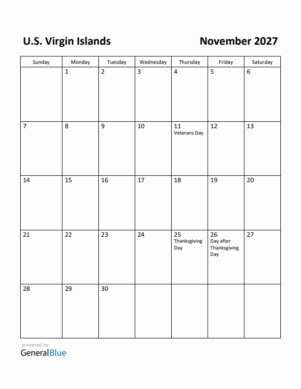 November 2027 Calendar with U.S. Virgin Islands Holidays