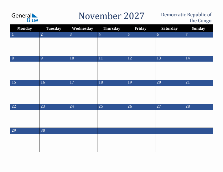 November 2027 Democratic Republic of the Congo Calendar (Monday Start)