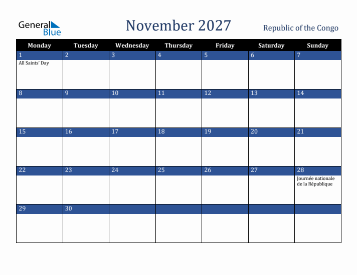 November 2027 Republic of the Congo Calendar (Monday Start)