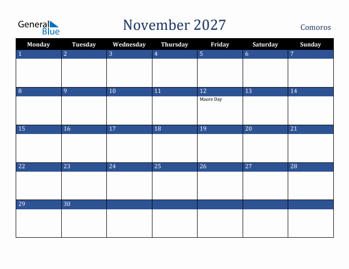November 2027 Comoros Calendar (Monday Start)