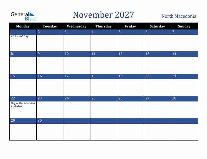 November 2027 North Macedonia Calendar (Monday Start)