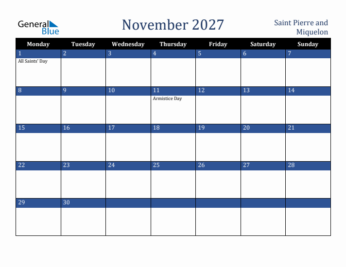 November 2027 Saint Pierre and Miquelon Calendar (Monday Start)
