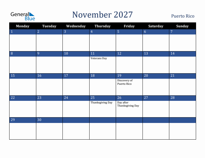 November 2027 Puerto Rico Calendar (Monday Start)