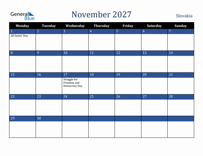 November 2027 Slovakia Calendar (Monday Start)