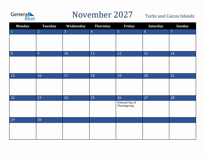 November 2027 Turks and Caicos Islands Calendar (Monday Start)