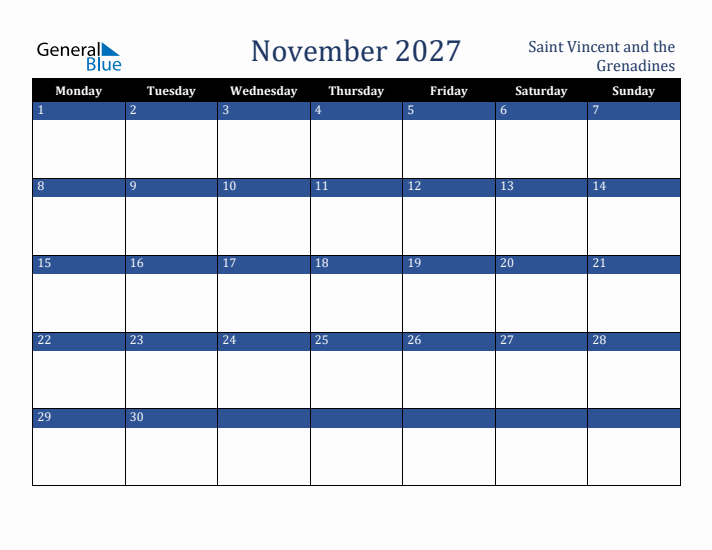 November 2027 Saint Vincent and the Grenadines Calendar (Monday Start)