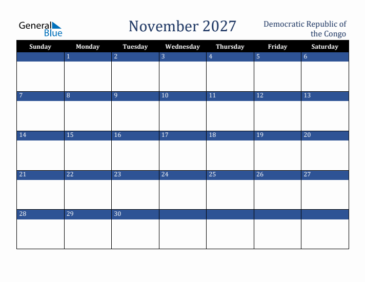 November 2027 Democratic Republic of the Congo Calendar (Sunday Start)
