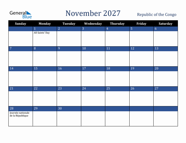 November 2027 Republic of the Congo Calendar (Sunday Start)