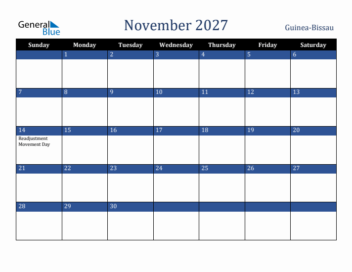 November 2027 Guinea-Bissau Calendar (Sunday Start)