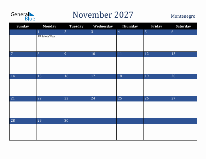 November 2027 Montenegro Calendar (Sunday Start)