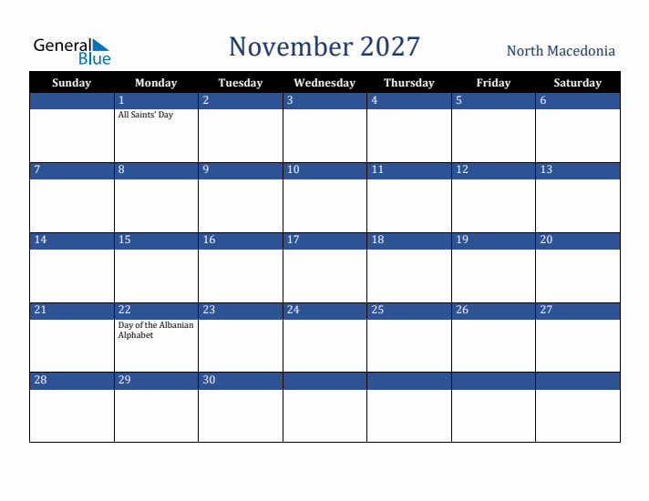 November 2027 North Macedonia Calendar (Sunday Start)