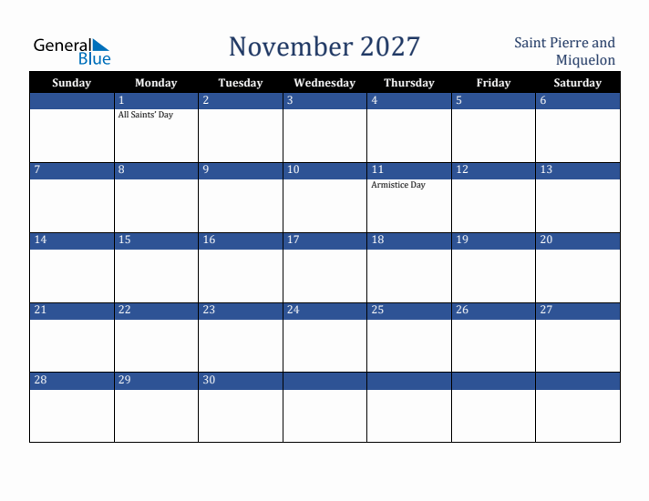 November 2027 Saint Pierre and Miquelon Calendar (Sunday Start)