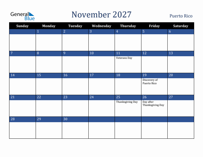 November 2027 Puerto Rico Calendar (Sunday Start)
