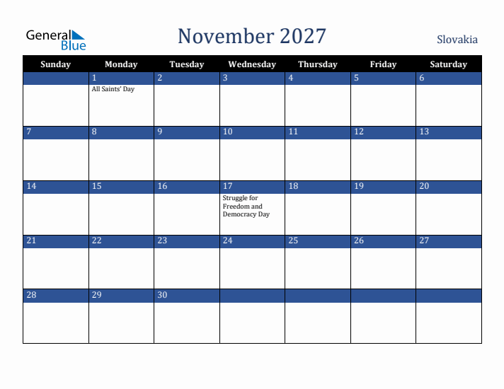 November 2027 Slovakia Calendar (Sunday Start)