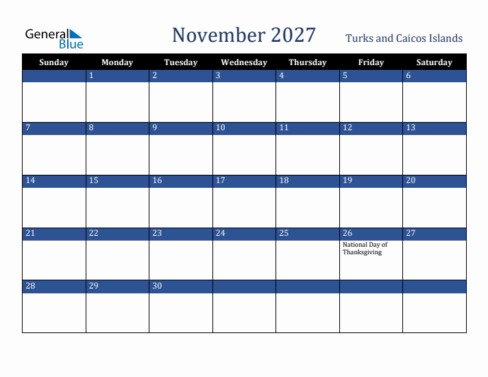 November 2027 Turks and Caicos Islands Calendar (Sunday Start)