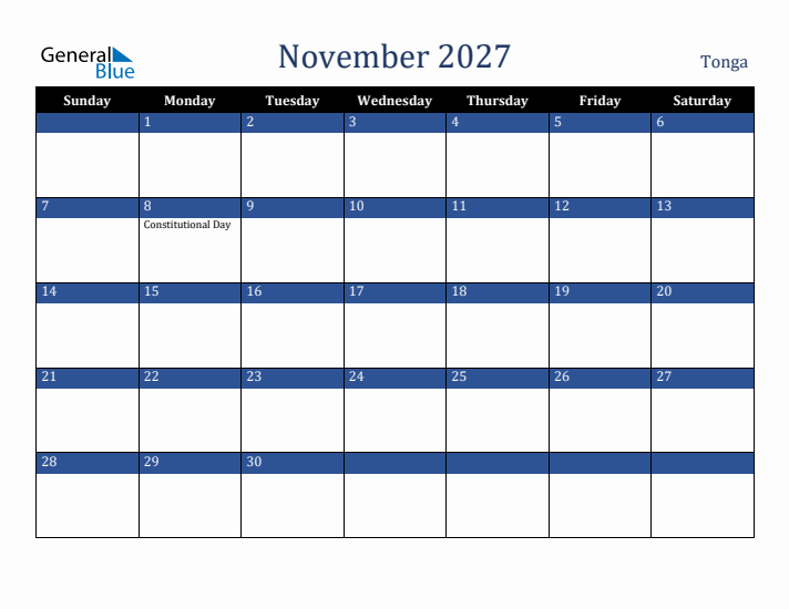 November 2027 Tonga Calendar (Sunday Start)