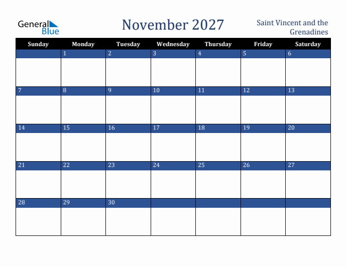 November 2027 Saint Vincent and the Grenadines Calendar (Sunday Start)