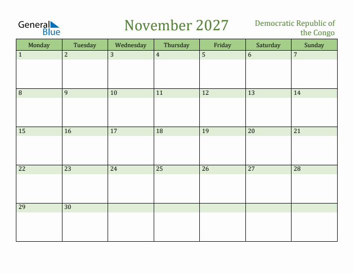 November 2027 Calendar with Democratic Republic of the Congo Holidays