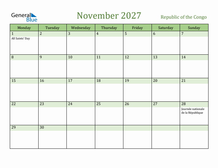 November 2027 Calendar with Republic of the Congo Holidays