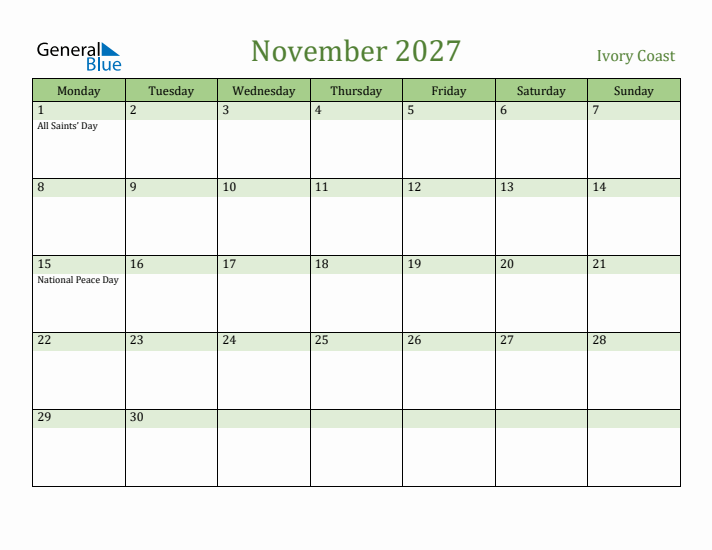 November 2027 Calendar with Ivory Coast Holidays