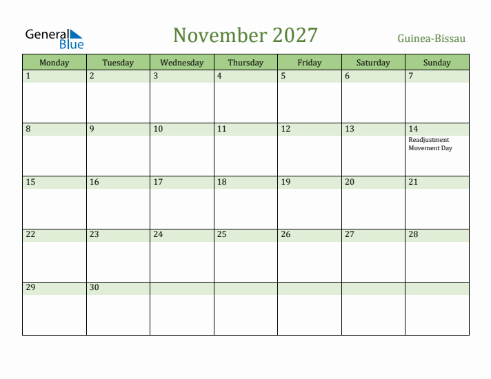 November 2027 Calendar with Guinea-Bissau Holidays