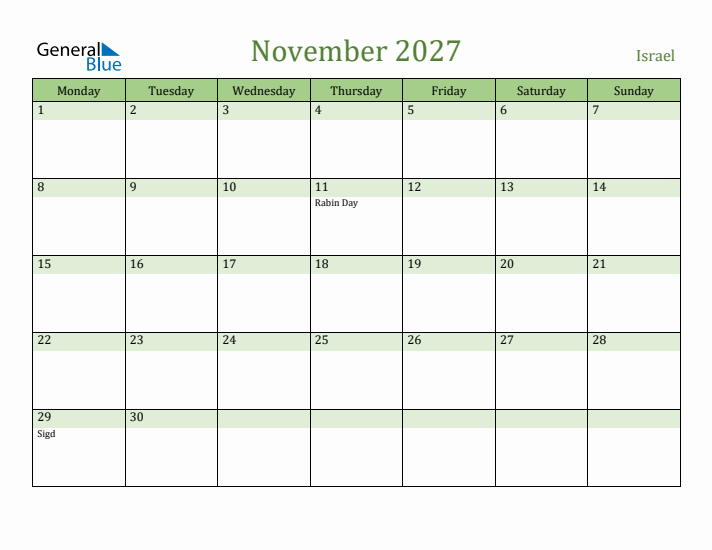 November 2027 Calendar with Israel Holidays