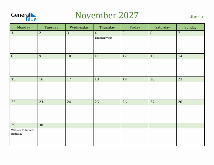 November 2027 Calendar with Liberia Holidays