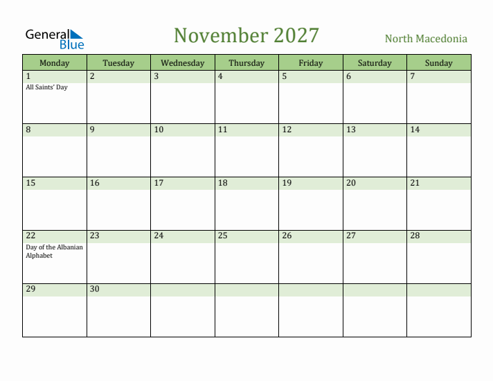 November 2027 Calendar with North Macedonia Holidays