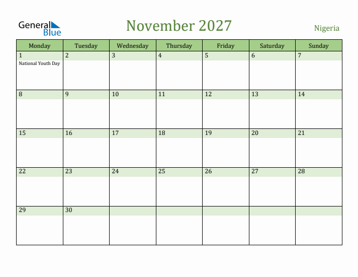 November 2027 Calendar with Nigeria Holidays