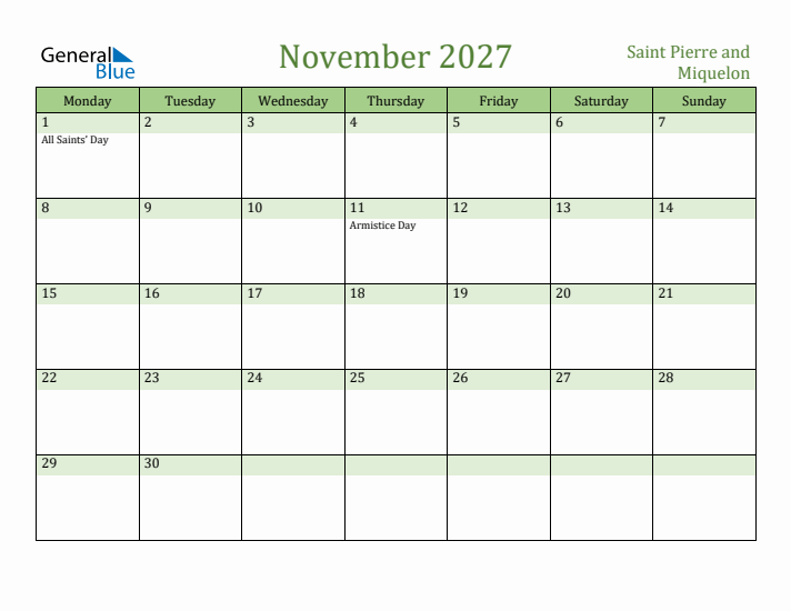 November 2027 Calendar with Saint Pierre and Miquelon Holidays