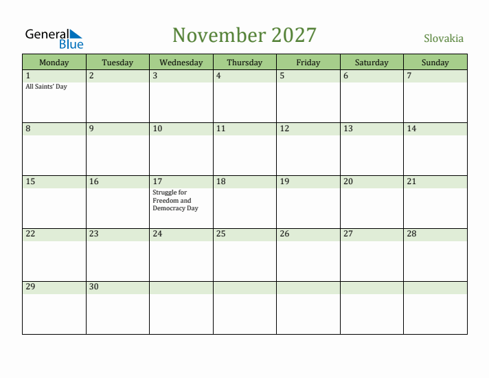 November 2027 Calendar with Slovakia Holidays