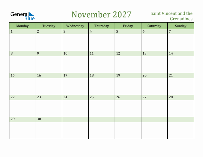 November 2027 Calendar with Saint Vincent and the Grenadines Holidays