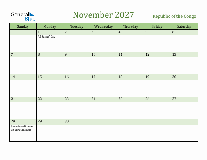 November 2027 Calendar with Republic of the Congo Holidays