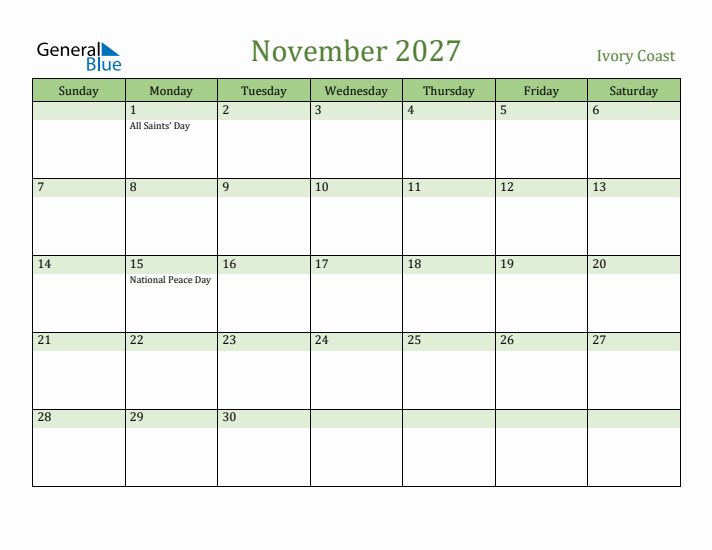 November 2027 Calendar with Ivory Coast Holidays