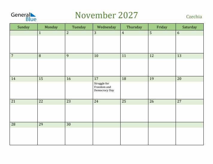 November 2027 Calendar with Czechia Holidays