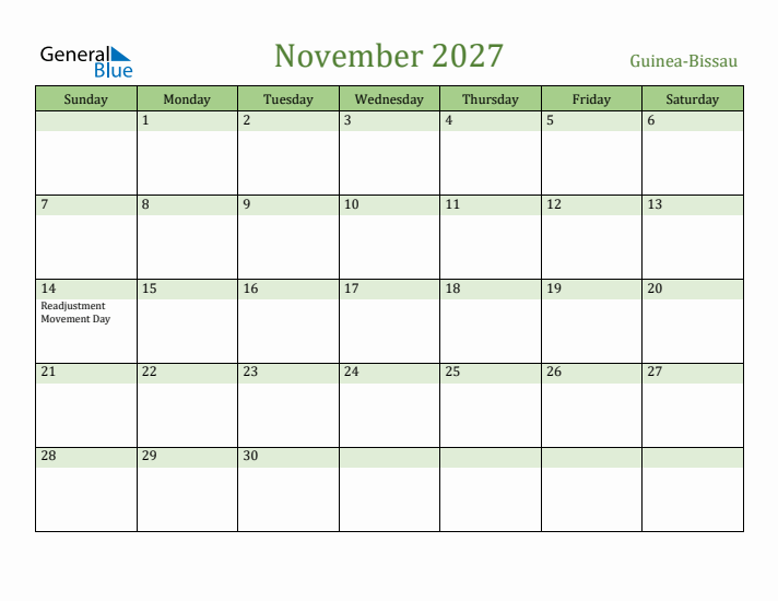 November 2027 Calendar with Guinea-Bissau Holidays