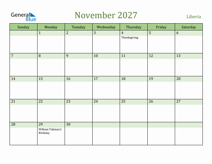 November 2027 Calendar with Liberia Holidays