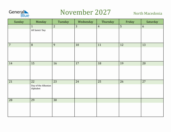 November 2027 Calendar with North Macedonia Holidays