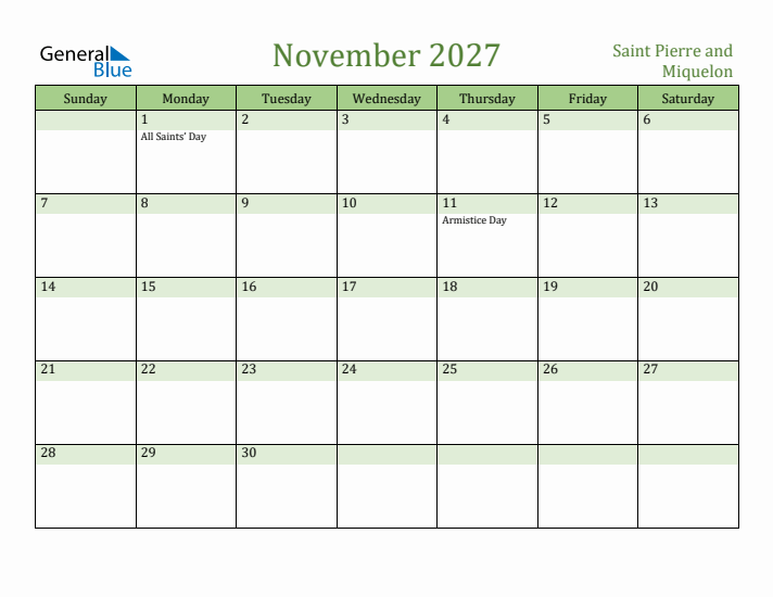 November 2027 Calendar with Saint Pierre and Miquelon Holidays