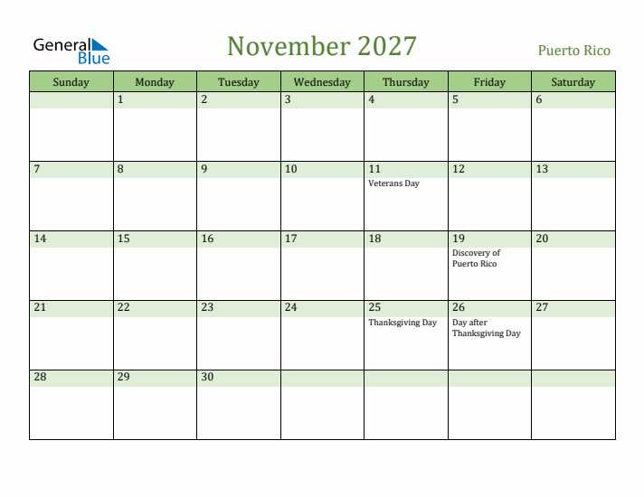 November 2027 Calendar with Puerto Rico Holidays